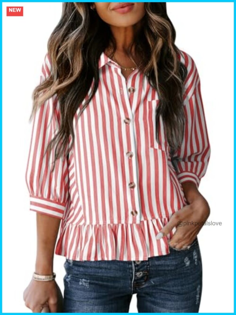 Dokotoo 3/4 Sleeve Button Down Crop Peplum Babydoll Tops Striped Shirts